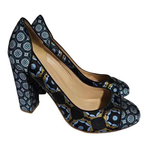 SOLD!!! CREW COLLECTION "Etta" Silk & Leather Block Heel Pumps - Size 8 - Picture 1 of 8